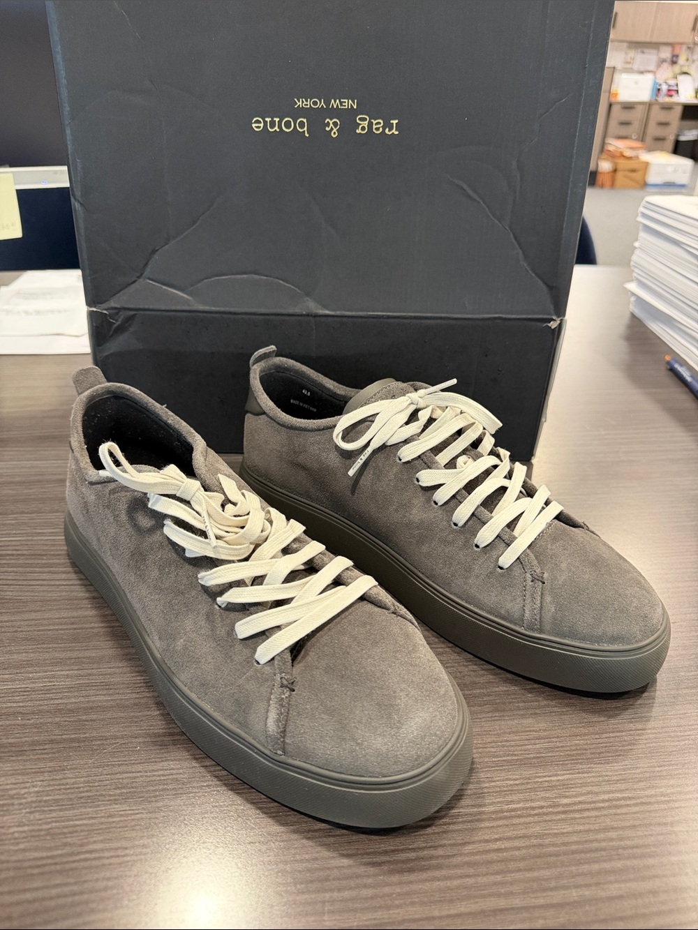 rag & bone Men's Gray Suede Low-Top Sneakers with Off-White Laces